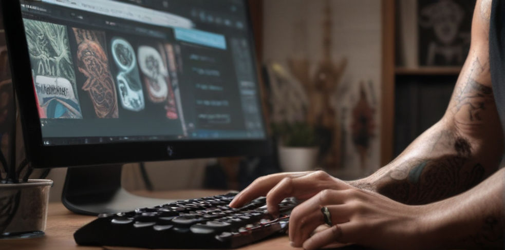 A point-of-view shot from behind a web designer sitting at a desk.