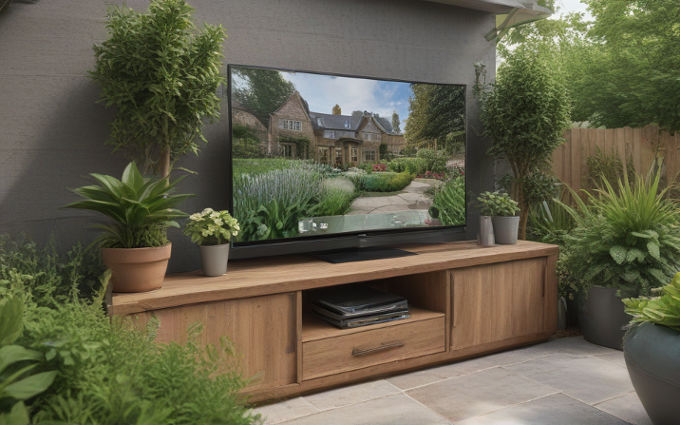 A smart TV displaying an outdoor garden space in a virtual house tour with high-definition imagery.