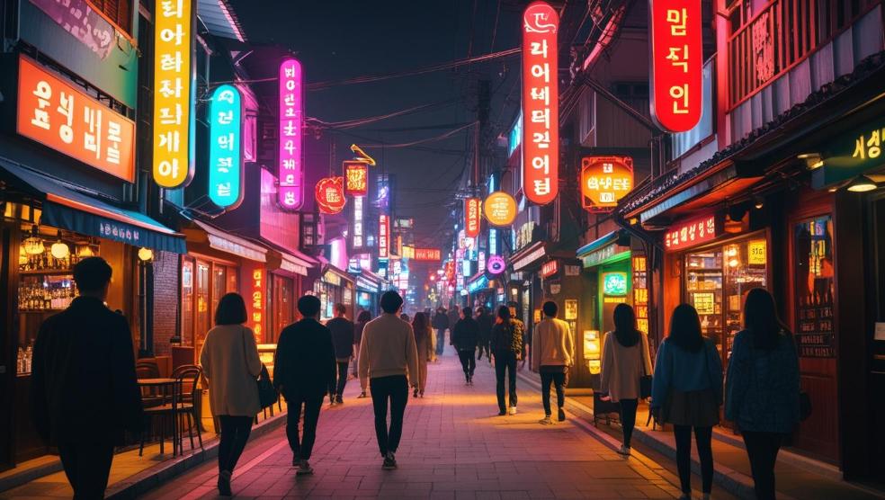 Nighttime Seoul street glowing with neon signs, people exploring lively entertainment district.