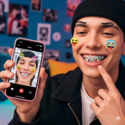 A young adult smiles confidently, showcasing inexpensive, brightly colored grillz on their teeth.