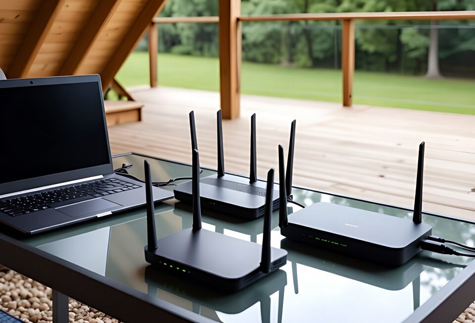 backyard office with a wooden patio